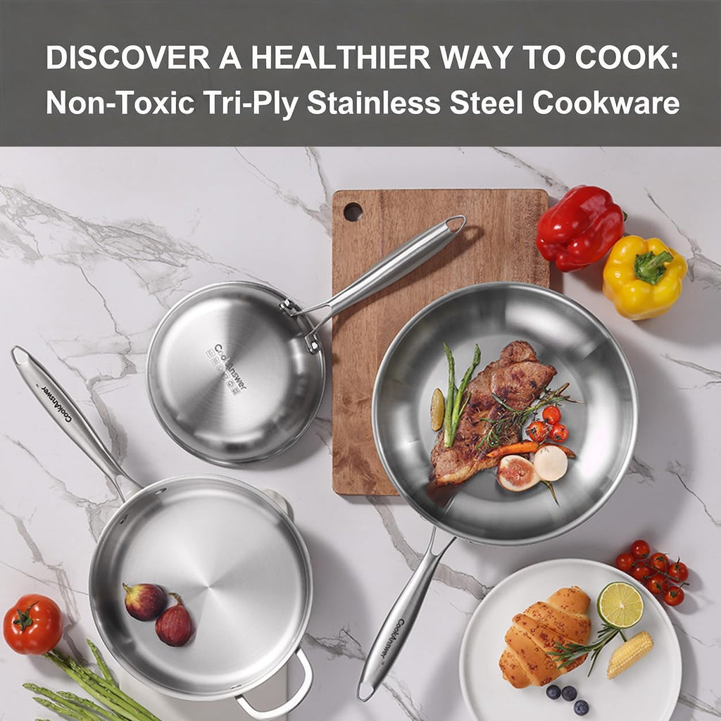 10-Piece Tri-Ply Stainless Steel Cookware Set | Induction-Ready, Glass Lids, Pots and Pans Kitchen Set, Riveted