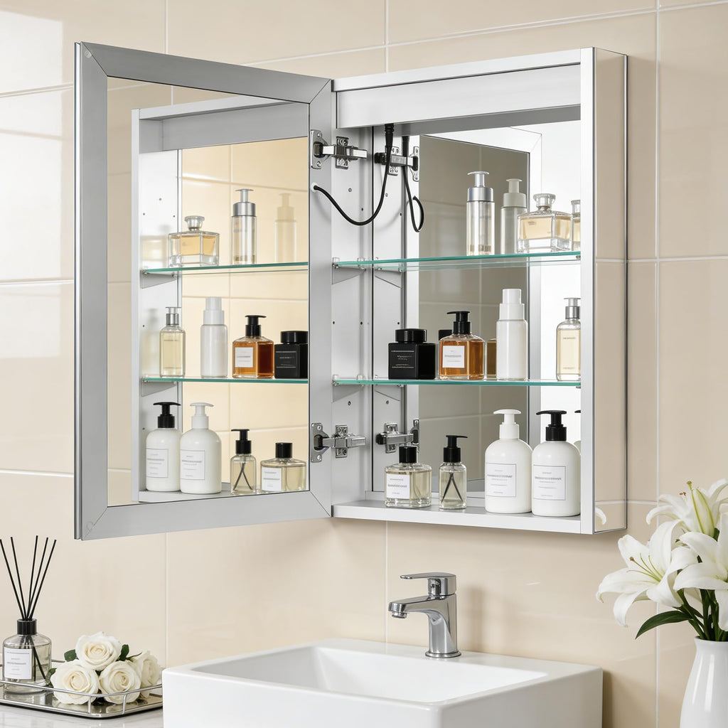 20 x 28 LED Bathroom Medicine Cabinet, Square Lighted Mirror Cabinet with 3-Color Dimmable Lighting, Memory Function