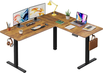 63 Inch Standing Desk, L Shaped, Computer Desk, Rustic Brown | LED Touchscreen, Headphone Hook, 3 Memory Preset