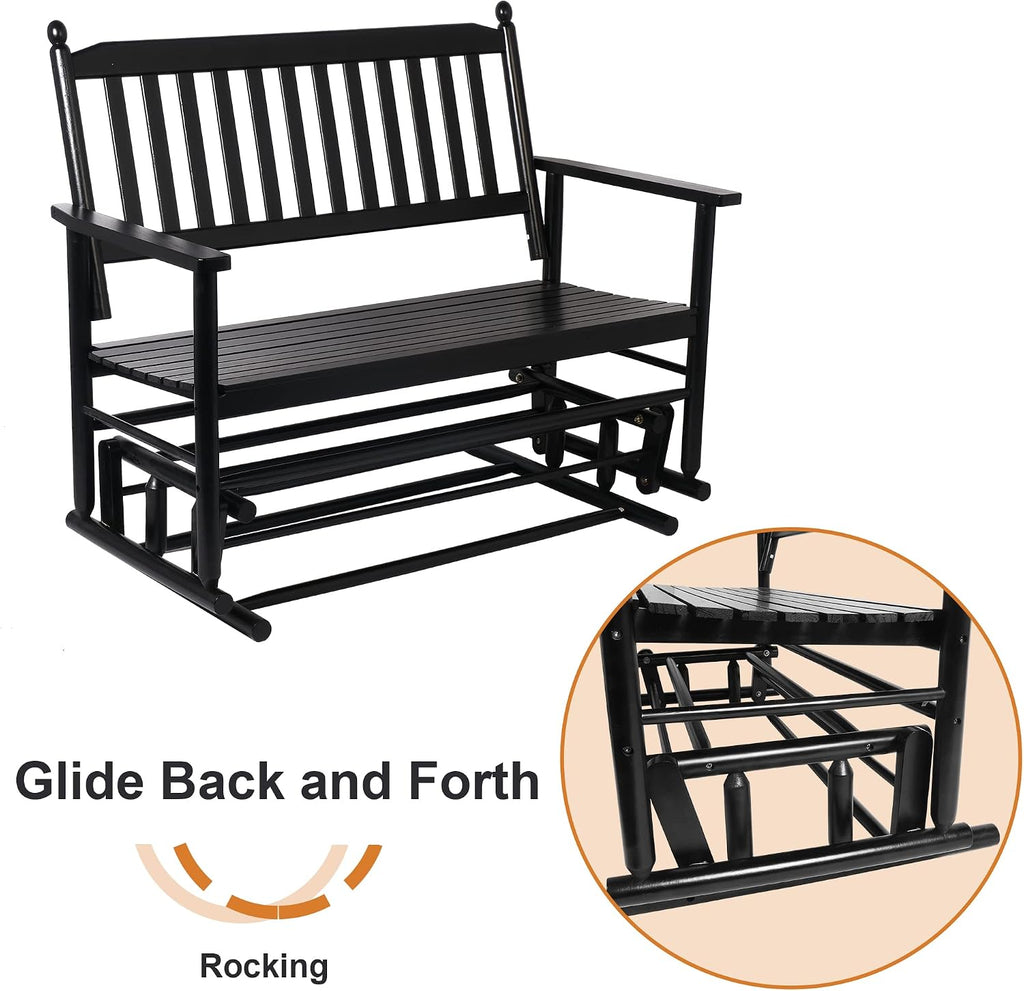 Patio Glider Bench Outdoor, Porch Swing Glider for Outside, Wooden 2-Person Loveseat Rocking Bench Funiture, Black