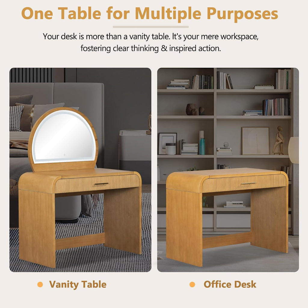 39" Makeup Vanity Table with Touch Screen Lighted Mirror, Rubber Wood Dressing Table with Large Drawer Living Room