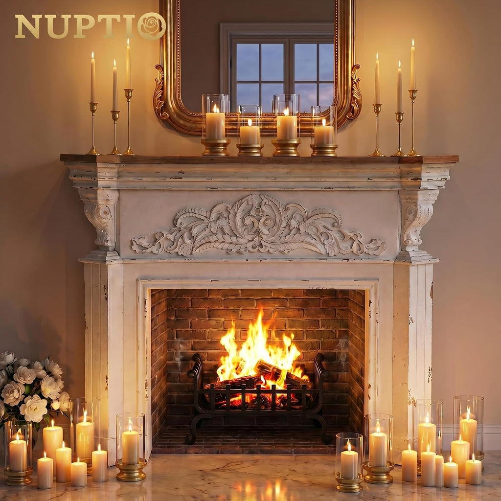 Hurricane Candle Holder Gold: Pillar Candle Holders with Clear Glass Sleeve - Set of 2 Decorative Brass Metal Pillars