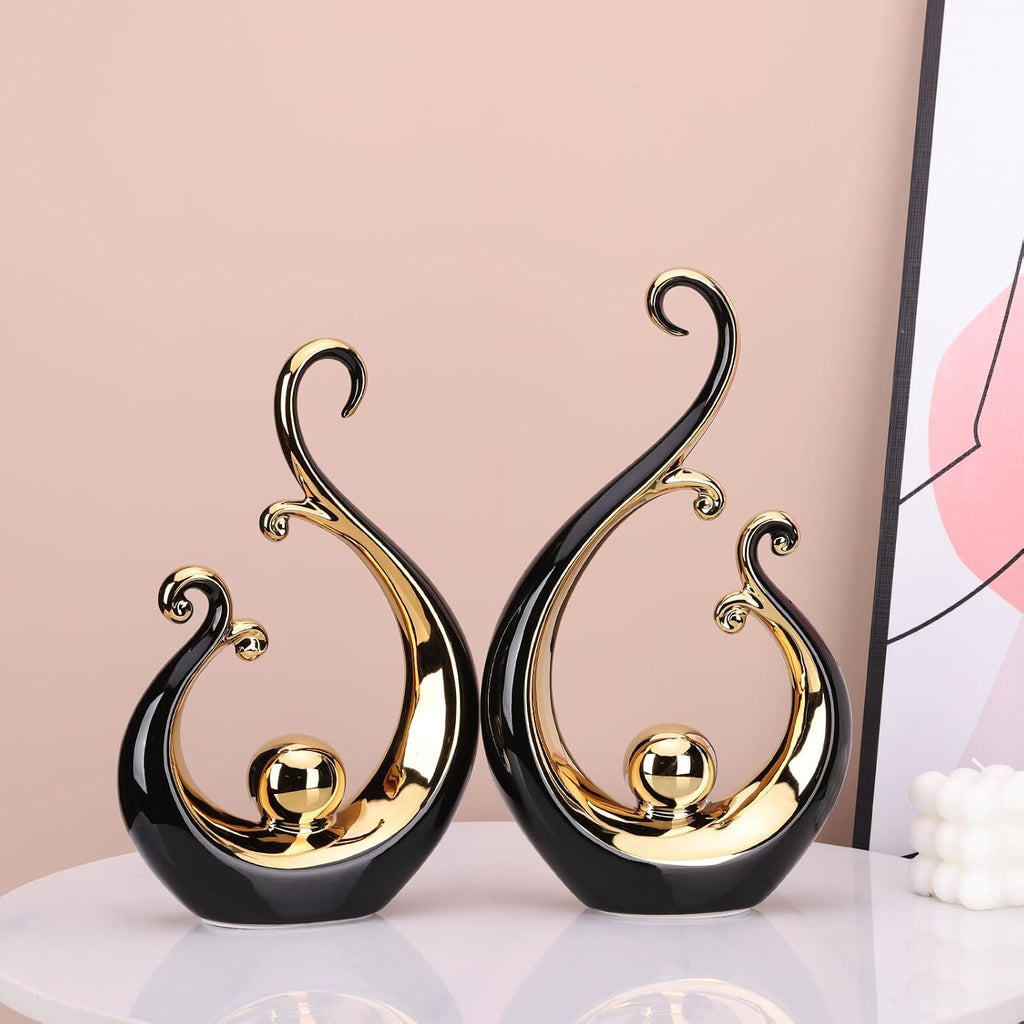 Abstract Ceramic Black Statue 2 Piece Set, Modern Art Black Gold Home Decor, Unique Home Decor, Coffee Table