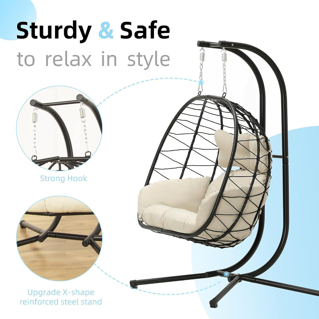 Double Egg Chair with Stand Hammock Swing Chair Foldable Hanging Loveseat, UV Resistant Removable Cushions, 700LBS