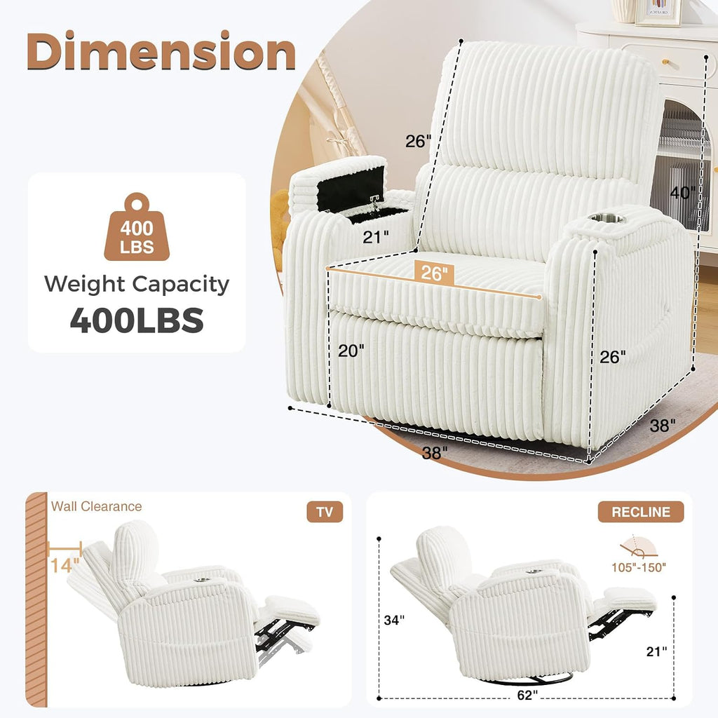 Power Nursery Recliner,26''Swivel Rocker Recliner,Adjustable Headrest,White | Extra Wide Recliner, Oversized