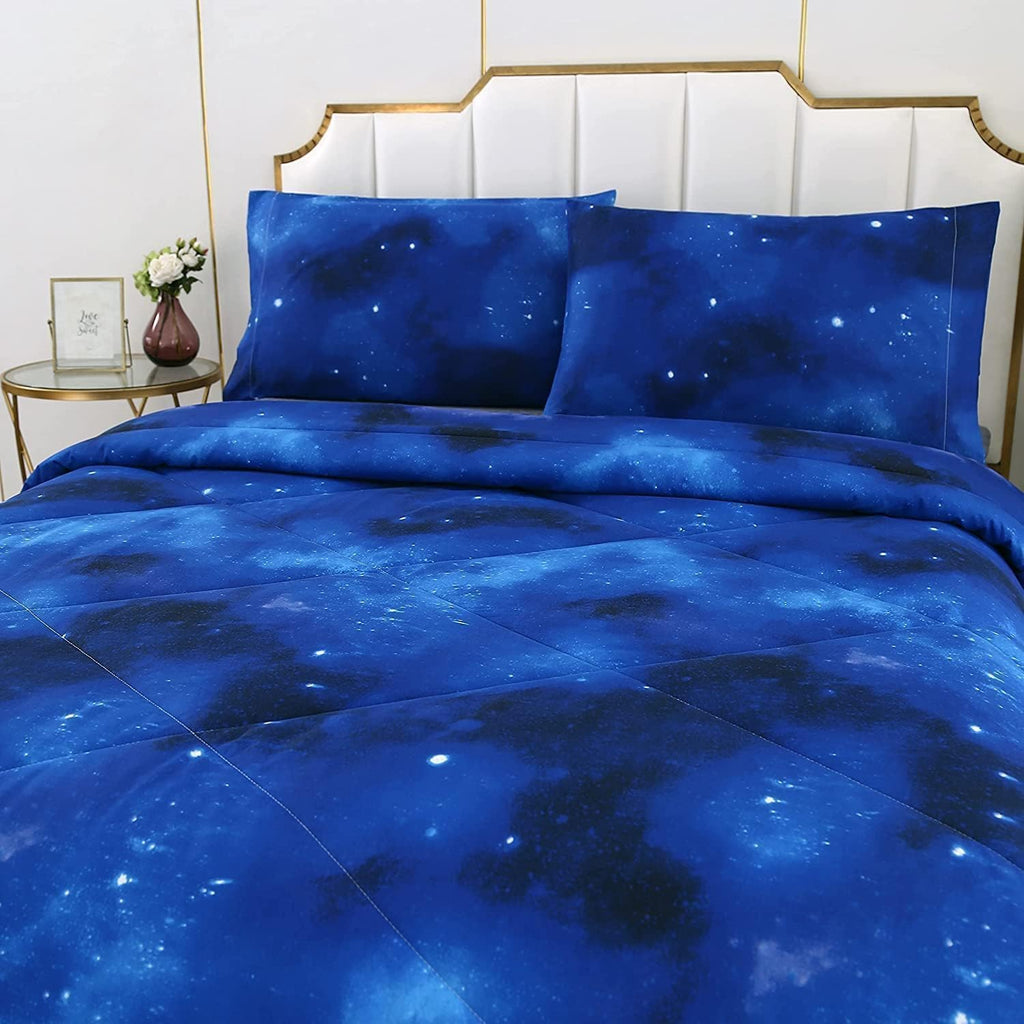 Blue Galaxy Comforter Set Full 3 Pieces, Soft Microfiber Lightweight Blue Space Comforter Full, Galaxy Bedding for Boys Girls Kids Teens