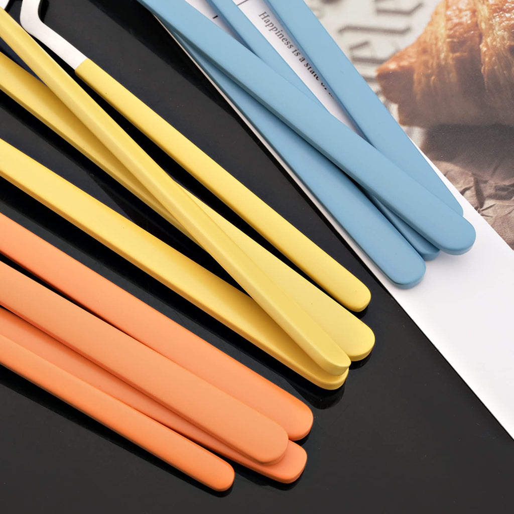 Hangable Silverware Set, Fresh Macaron Colors Flatware Cutlery Set Service for 2, Satin Finish 8 Piece Stainless