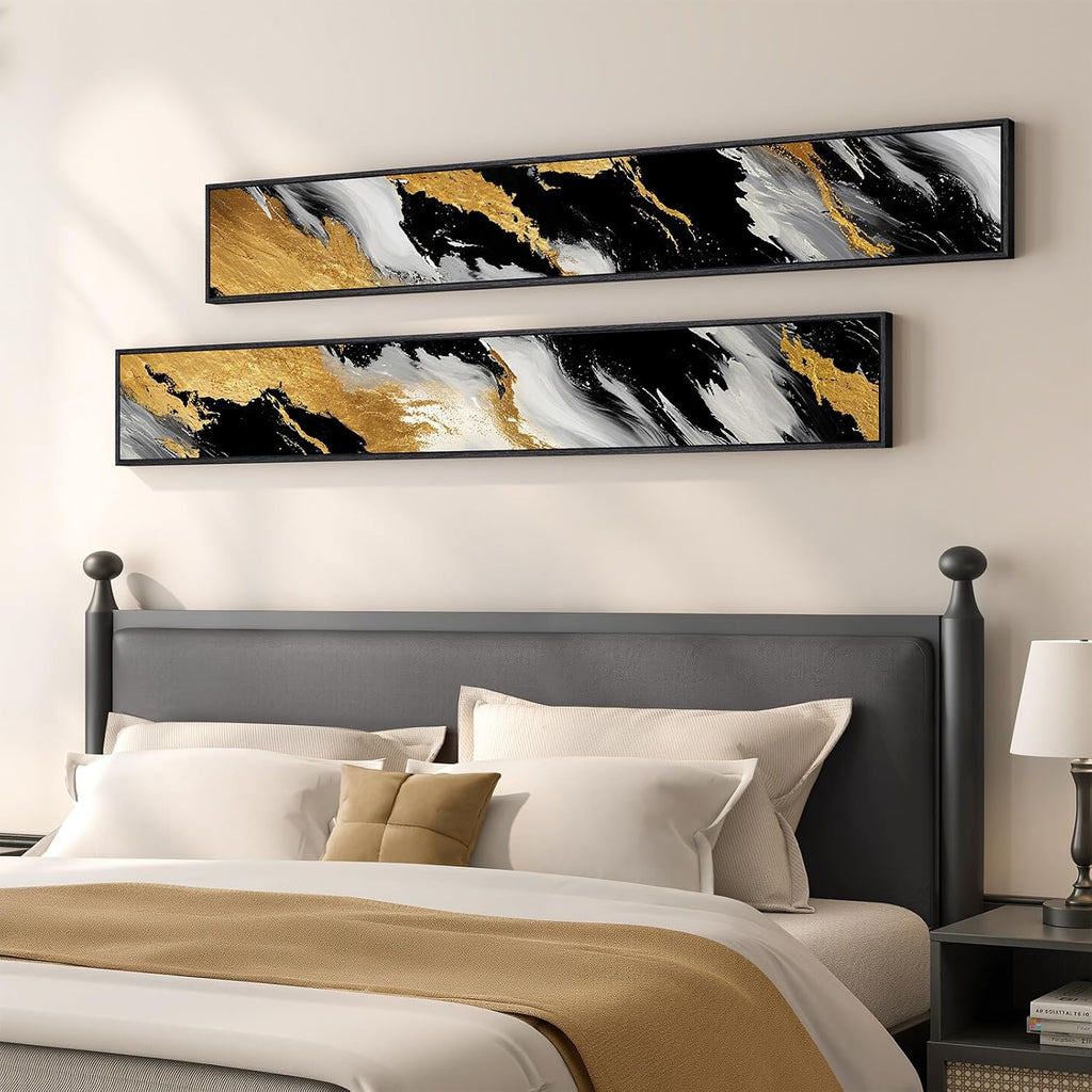 Framed Long Narrow Vertical Abstract Wall Art Set, 2 Piece Black White Gold Luxury Modern Canvas Prints Paintings