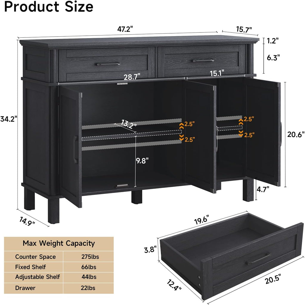 48 Inches Buffet Cabinet with Storage, Farmhouse Sideboard Buffet w/2 Drawers and 3 Doors