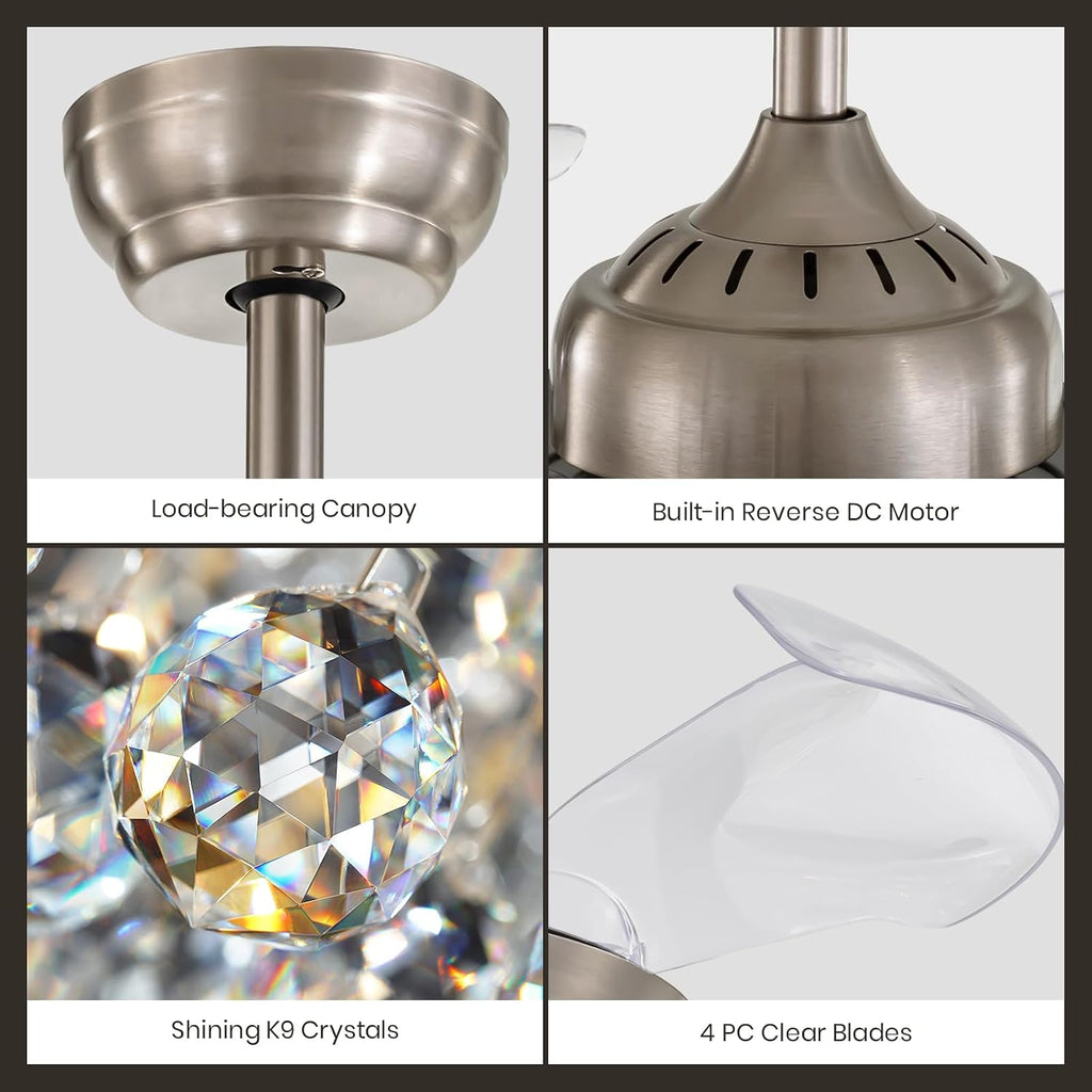 36 Inch Crystal Chandelier Fan, Ceiling Fan with Light and Remote Control, Invisible Retractable Fandelier, Dimmable