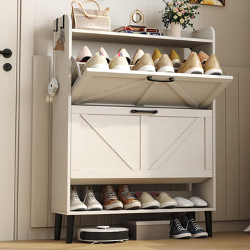 Shoe Storage Cabinet, Slim Shoe Organizer with Two Flip Drawers, Narrow Shoe Holder with Wood Legs, Farmhouse Hidden