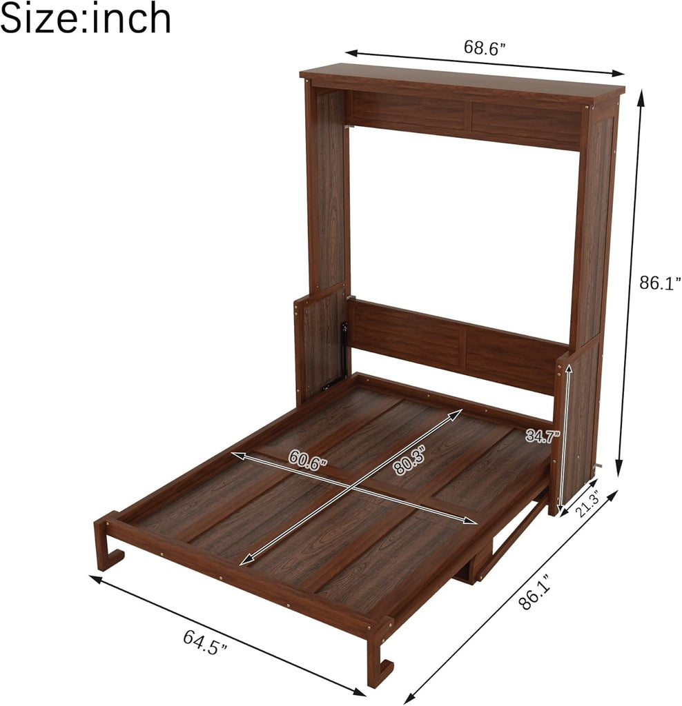 Queen Wood Murphy Bed, Space-Saving Hidden Wall Bed with Desk and Gas Struts, No Box Spring Needed, Walnut