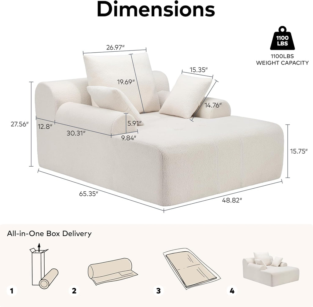 65" Boneless Chaise Lounge Chair Indoor, Oversized Reading Lounger with 3 Pillows, Cloud Sofa Couch , Corduroy and