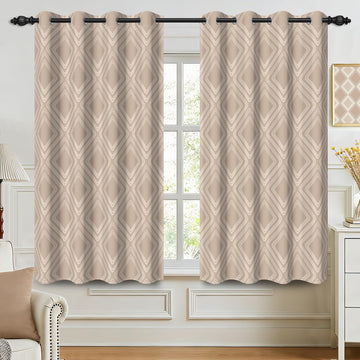 Taupe Geometric Blackout Curtains Living Room, Mid Century Modern Striped Curtains 63 Inches Long, Room Darkening