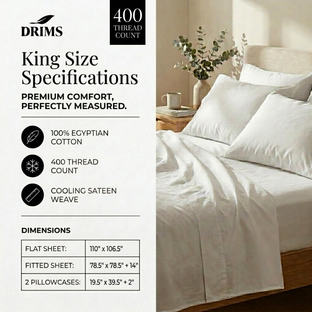400 Thread Count 100% Egyptian Cotton King Size Sheets Set, Deep Pocket Cooling Bed Sheets, Luxury Sateen Breathable
