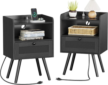 Nightstands with Charging Station, Bedside Table Set of 2 with Texilene Surface Drawers, Rattan Side Table with