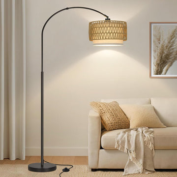 Rattan Floor Lamp, Arc Floor Lamps, Farmhouse Standing Lamp with Adjustable Hanging Fabric Shade