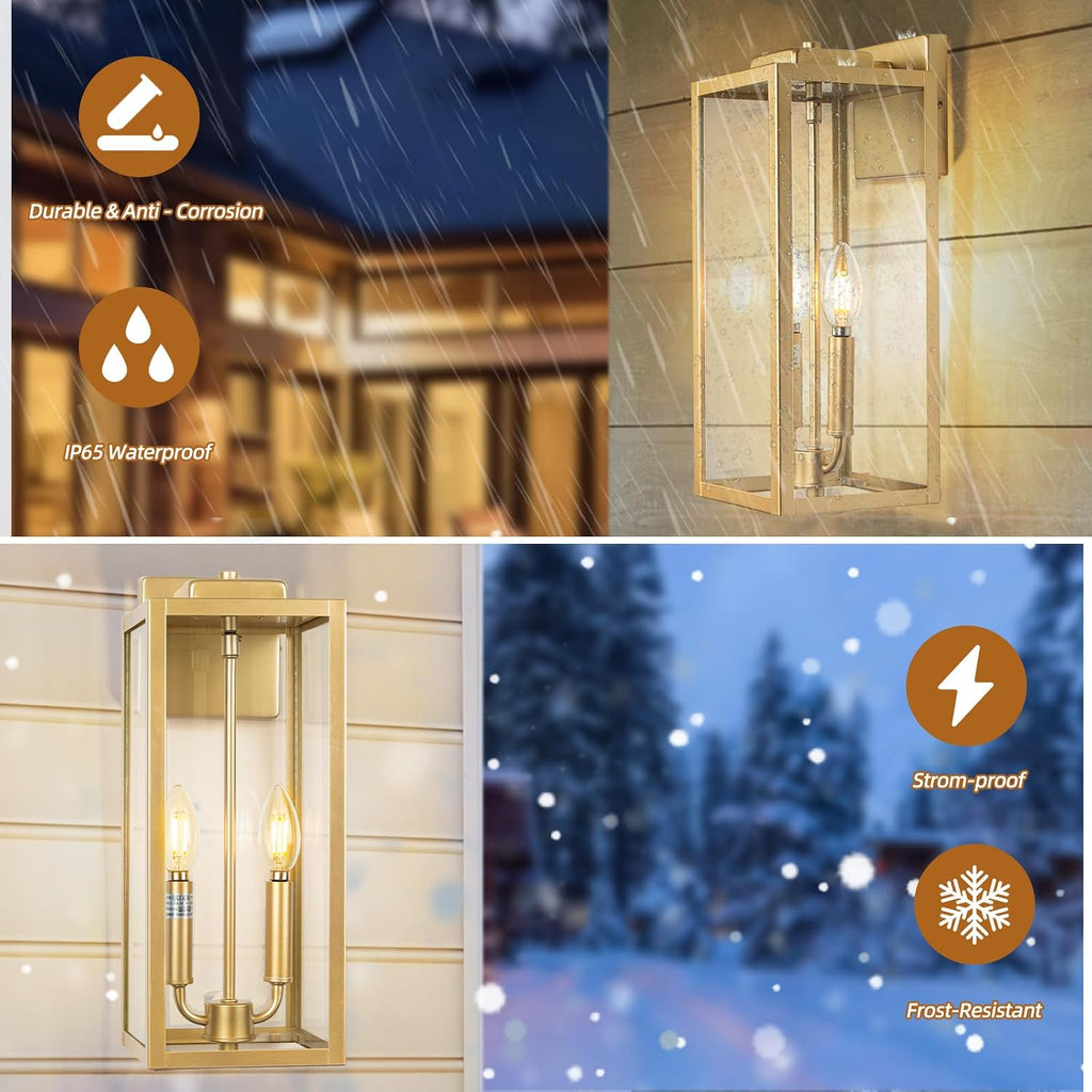 16" Gold 2-Light Outdoor Wall Lantern, IP65 Waterproof Brass Porch Light