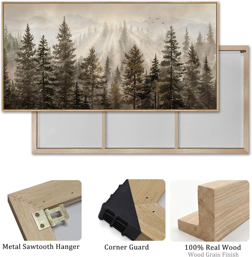 Extra Large Framed Forest Landscape Wall Art, Misty Pine Tree Mountain Nature Woodland Sunset Artwork for Walls