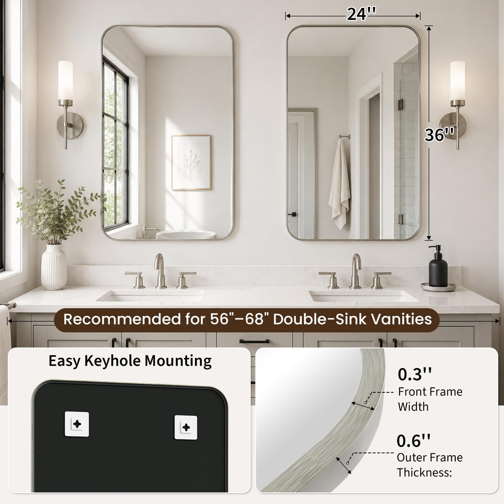 2-Pack 24x36 Inch Brushed Nickel Rounded Rectangle Vanity Mirrors