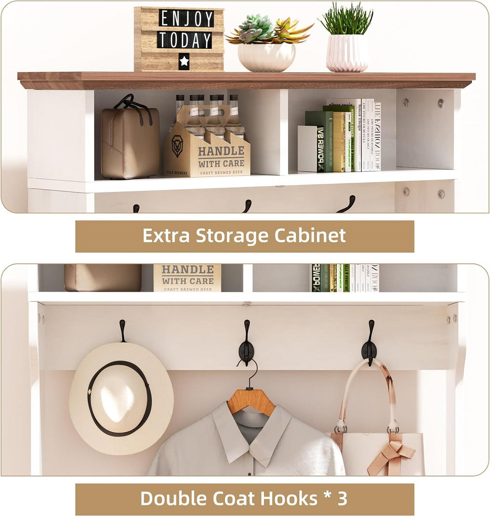 Hall Tree with Shoe Rack, 5-in-1 Farmhouse Coat Rack with Shoe Bench, Standing Shoe Storage with 3 Hooks for Front