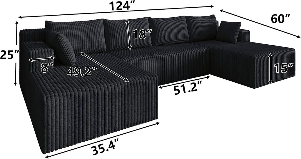 124 Inch Oversized Boneless Sectional Sofa Cloud Couch - Symmetrical U Shaped Modular Couches Set with Double Chaise