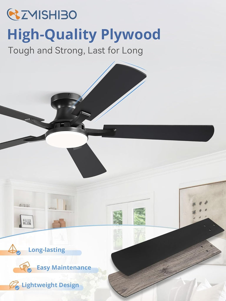 60 Inch Ceiling Fan with Light, App&Remote Control, Flush Mount Low Profile, Dimmable 20W LED Light, Quiet Reversible Motor for Bedroom, Living Room, Apartment, Black
