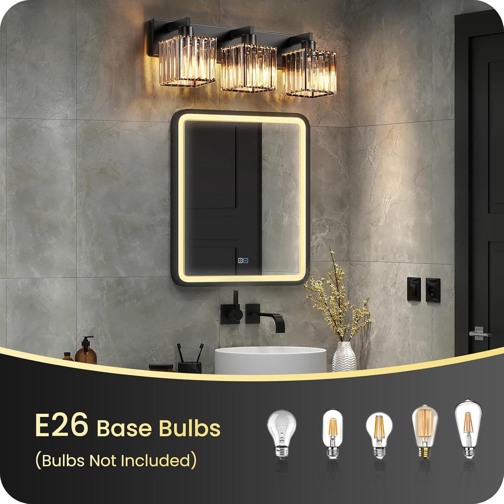 Modern Crystal Vanity Light, 3-Light Bathroom Light Fixture, 22" Square Vanity Lighting Fixture, E26 Base, Bulbs Not