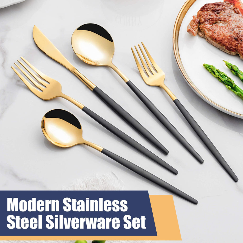 20 Piece Black Gold Silverware Set,Stainless Steel Flatware Cutlery Set Service for 4 Including Forks Spoons