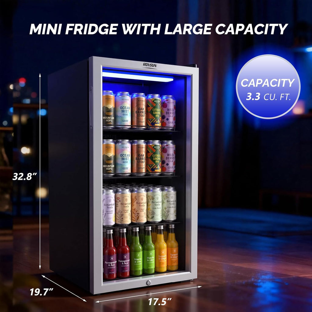 3.3 Cu.Ft. Beverage Refrigerator Cooler with Double Layer Glass Door & Adjustabl