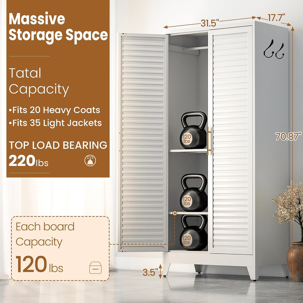 Metal Armoire Wardrobe Closet, 71" Clothing Storage Cabinets with Adjustable Hanging Rod, Louvered Doors, 2 Side
