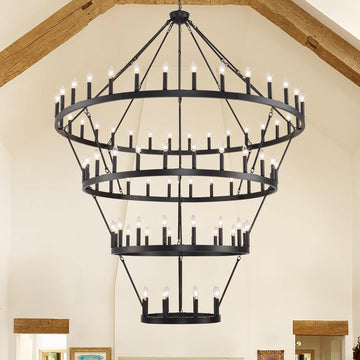 70 Inch Wagon Wheel Chandelier - 4-Tier 84-Light Black Farmhouse, Adjustable 100-160 Inch Height for High Ceilings