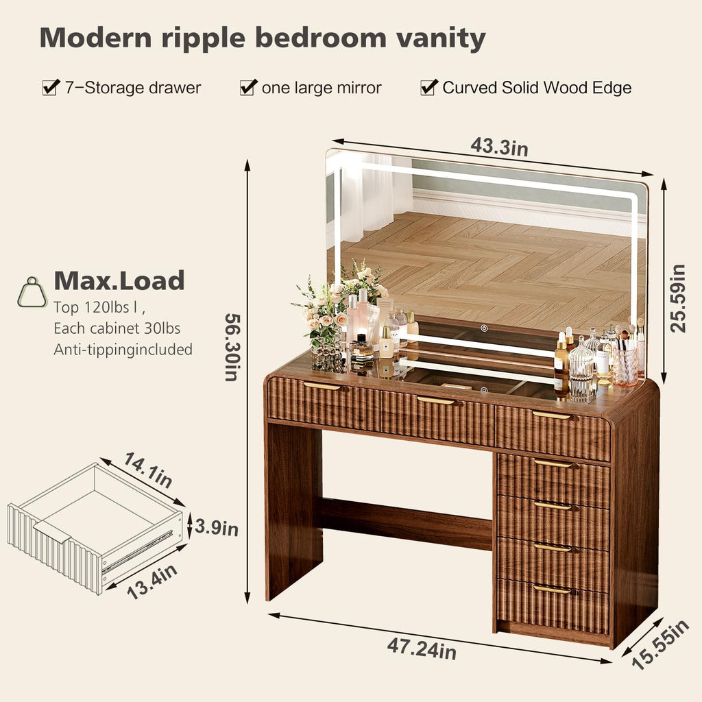 47"Makeup Vanity Desk with 44.8" Mirror and Lights, Vanity Desk with 7 Drawers, Makeup vanity table with a glass