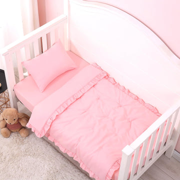 3 Piece Crib Bedding Set for Baby Girls Boys with Ruffle Pink