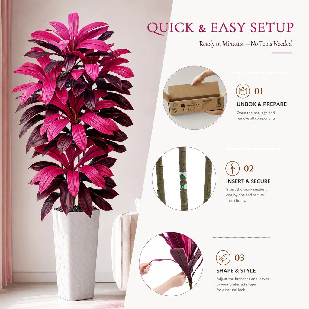 Artificial Dracaena Tree Purple Red, 7FT Tall Plant White Planter