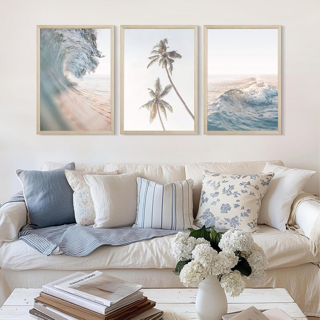 Beach Wall Art Decor Coastal Ocean Poster Palm Tree Canvas Wall Decor Beachy Room Aesthetic Pictures Blue Waves