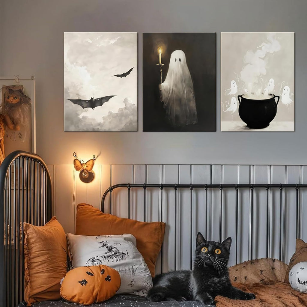 Fall Halloween Wall Art Set of 3, Vintage Halloween Ghosts Canvas Painting Wall Decor, Ghost Bat Funny Spooky Gothic