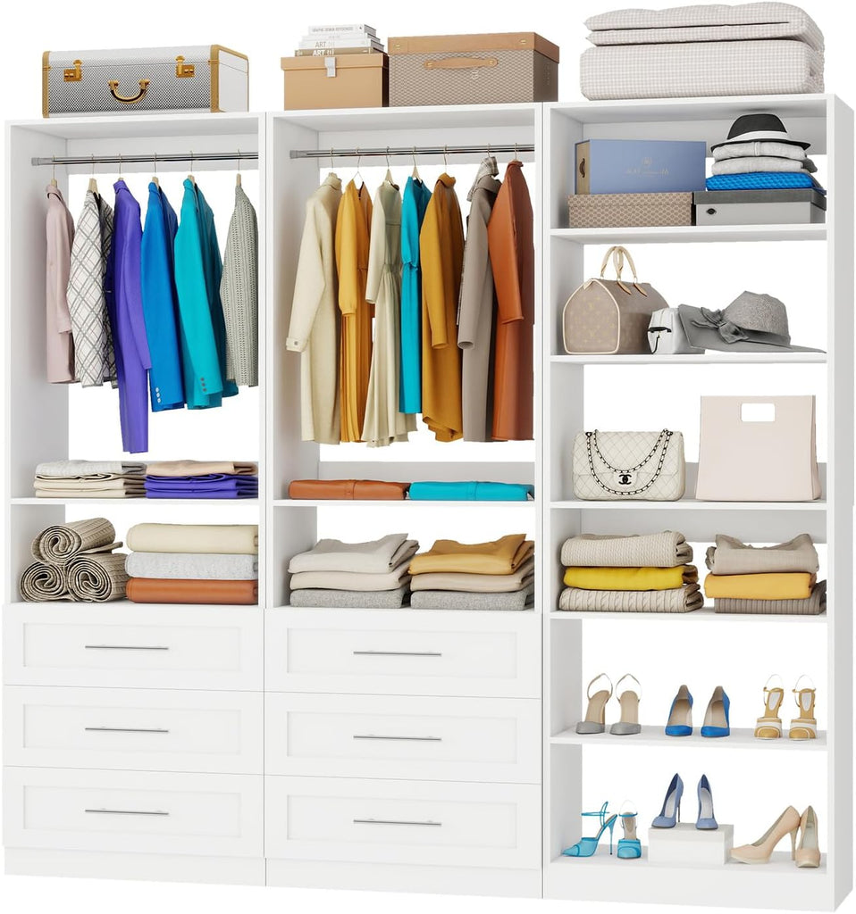 Closet System with 3 Sets, 6-15.8FT Custom Closet Organizer System with 6 Drawers & 8 Shelves & 5 Hanging Rods, Max