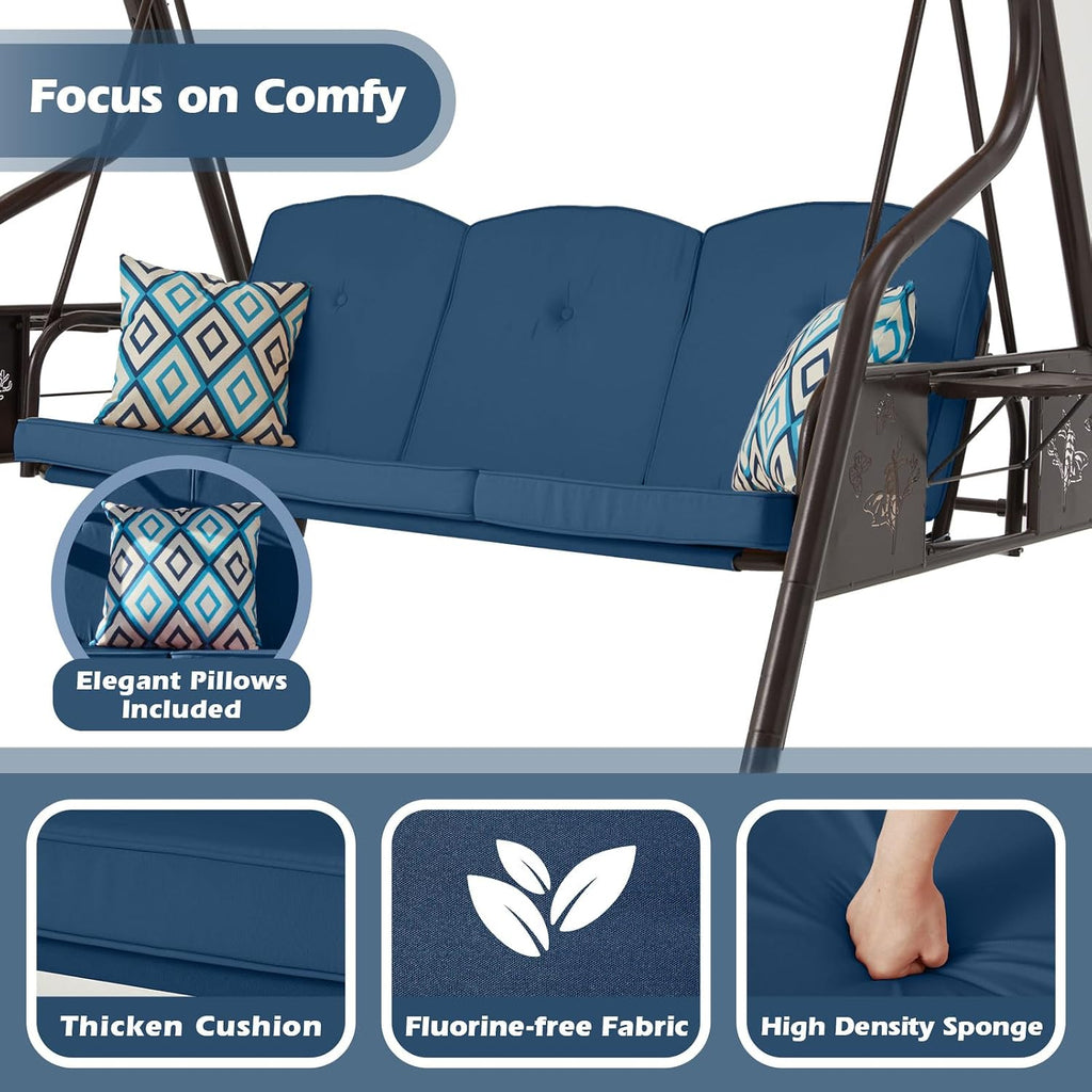 3-Seat Patio Porch Swing 800LBS Outdoor Swing with Stand w/Canopy & Adjustable Backrest Patio Glider Chair