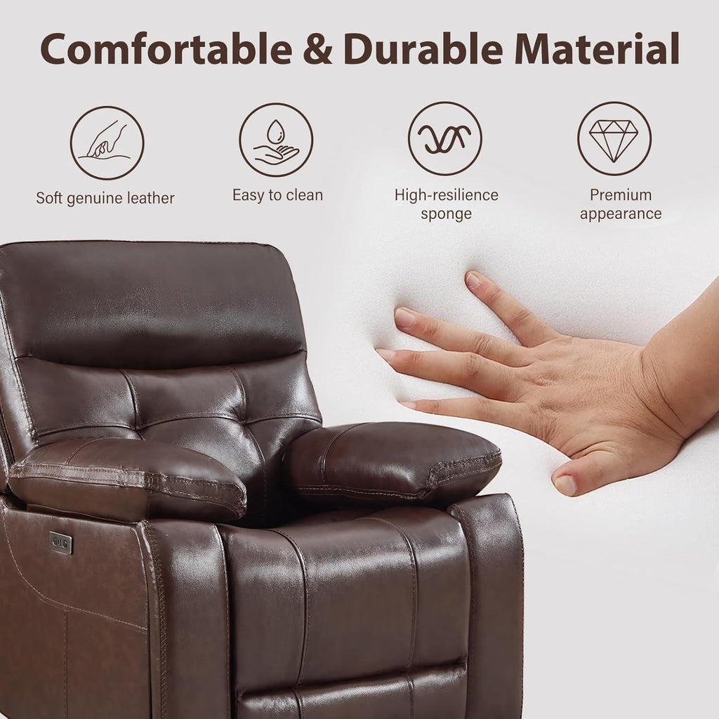 Genuine Leather Recliner Chair, Power Single Reclining Sofa with Comfortable Arms and Back, Modern Electric Recliner