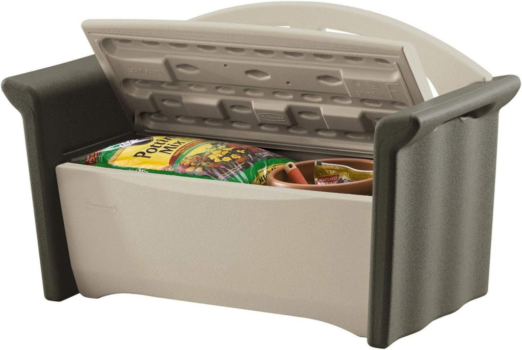 Resin Outdoor Storage Bench (32 Gal), Weather Resistant, Brown/Grey, Deck Organization /Backyard/Pool