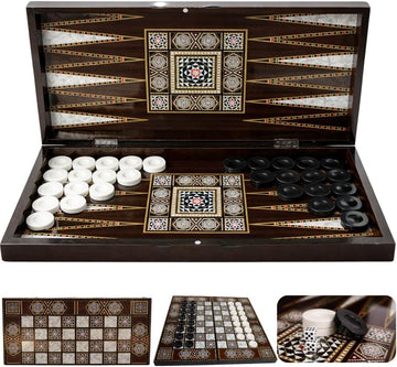 Park&Oz Pearl Premium Turkish Backgammon and Checkers Set 19 Inch Handmade 2 in 1 Wooden Board Game with Glossy