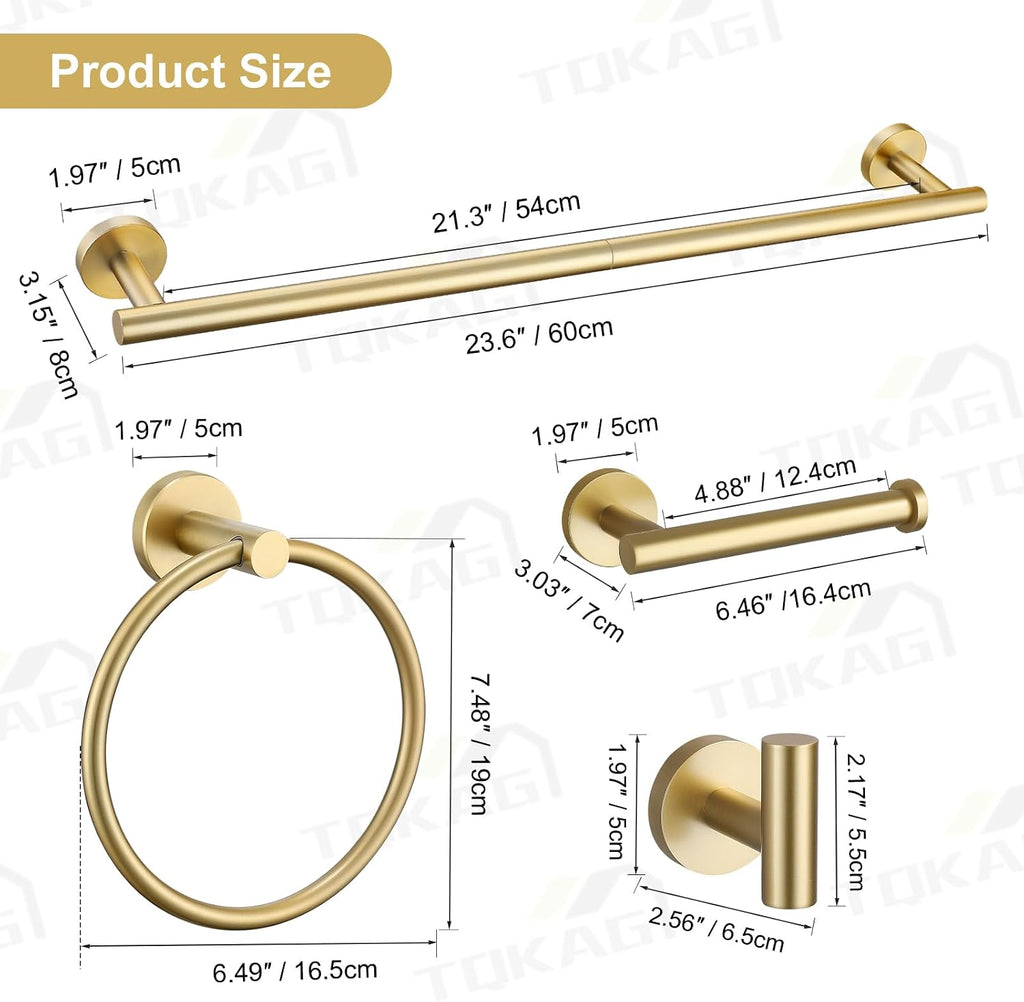 5 Piece Bathroom Accessories Set Brushed Gold Bathroom Hardware Set 23.6 Inch Bath Towel Bar Set SUS304 Stainless
