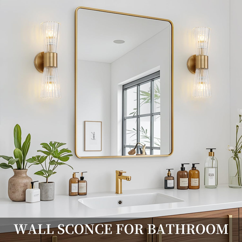 Mid-Century Modern Wall Lights with Crystal Glass Shade, 2-Light Glass Bathroom Vanitys Lights Gold Wall Sconces