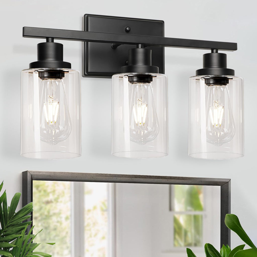 Bathroom Vanity Light Fixtures, 3 Light Wall Sconces Lighting with Clear Glass Shade, Black Wall Lights for Mirror