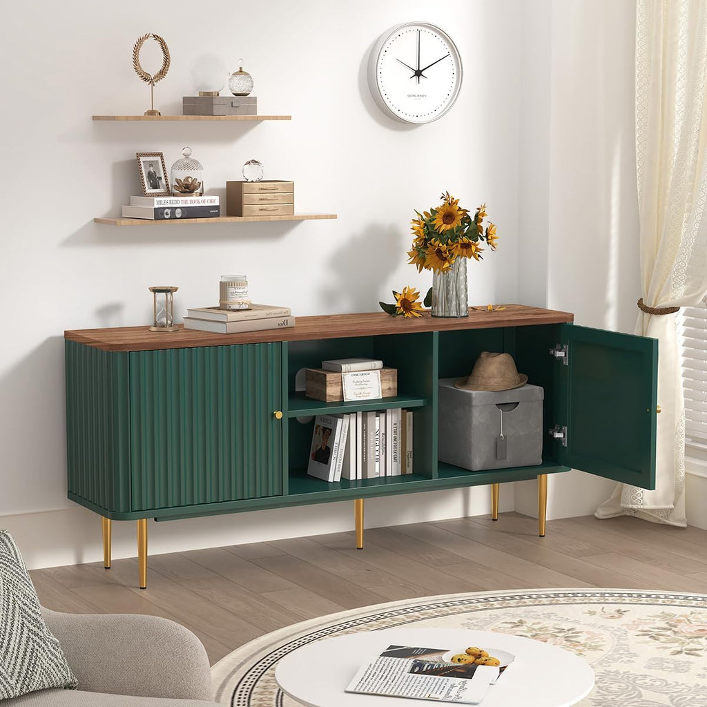 55" Fluted TV Stand, Mid Century Modern Green TV Stand for 55/60/65 inch TV, Entertainment Center with Storage
