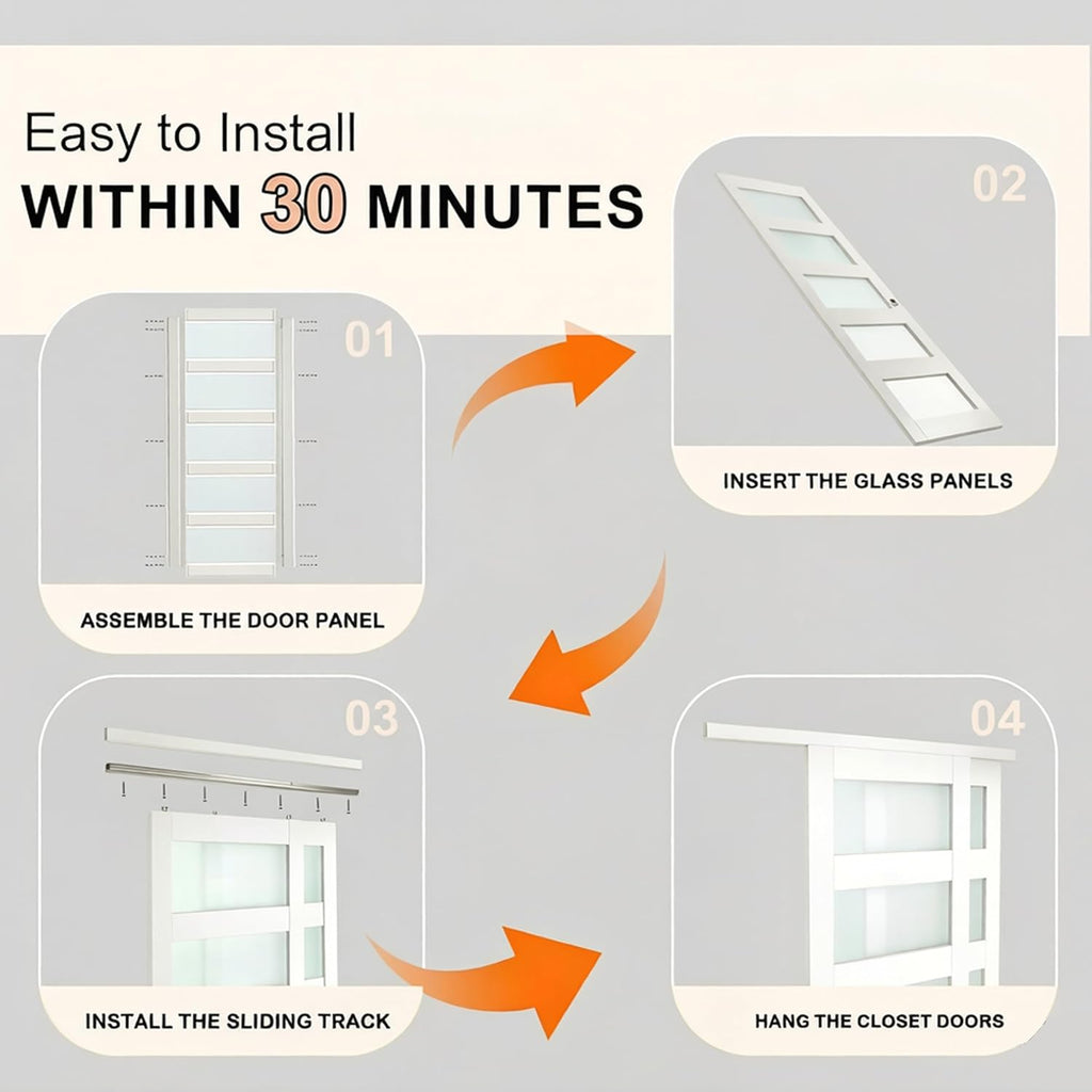 Sliding Closet Door, 5-Lite Frosted Glass Interior Door, 60"(Double 30") x 80" Closet Doors with Com