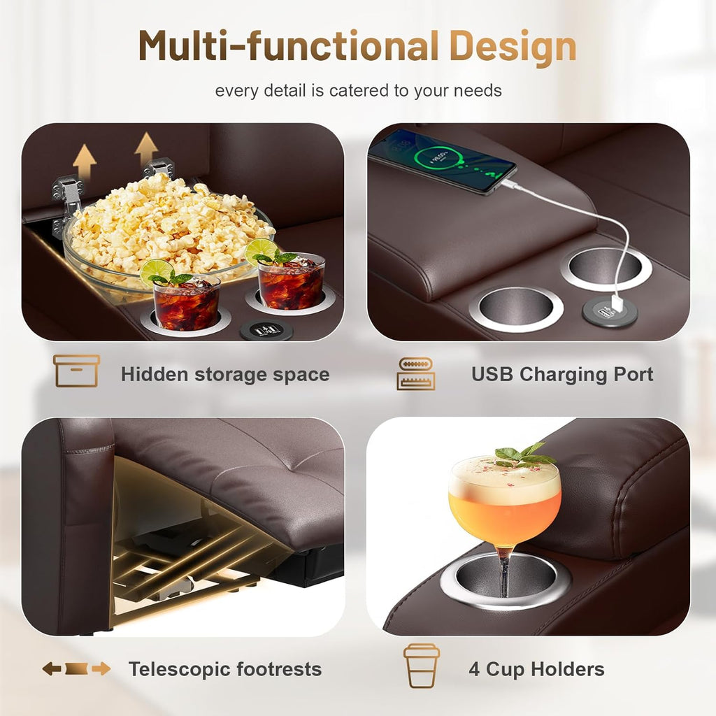 Loveseat Recliner Sofa, Home Theater Seating with Massage, RV Wall Hugger Reclining Couch with Console, USB