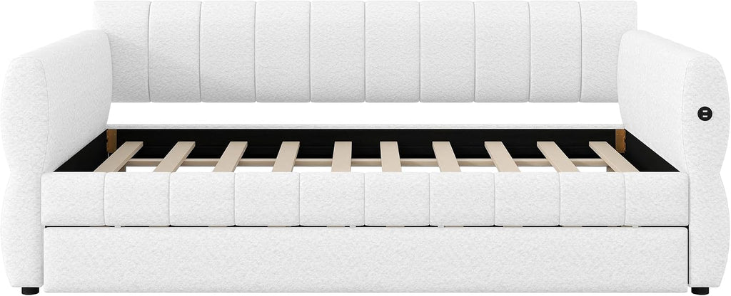 Queen Size Daybed with Trundle, Upholstered Daybed with USB Ports, Fleece Upholstered Platform Bed Frame with Twin XL