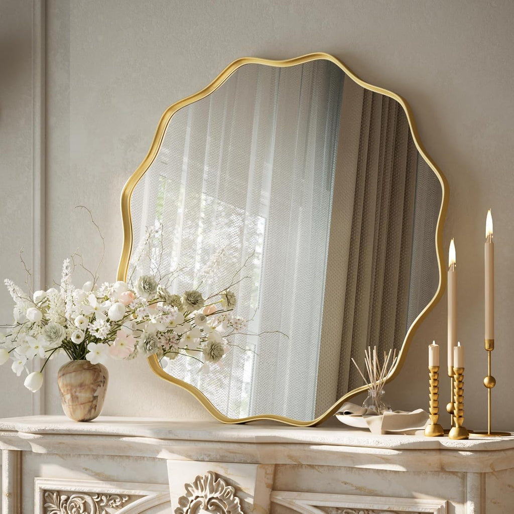 Gold Scalloped Circle Mirror, 24" Wavy Edge Round Wall Mirror with Tempered Glass Textured Circular Metal Deep Frame